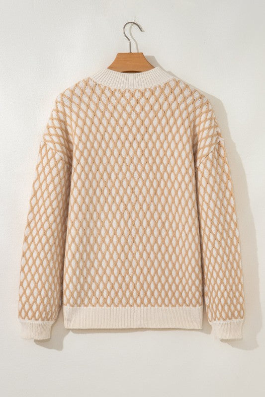 Rhombus Textured Knit Mock Neck Sweater-Reef Love