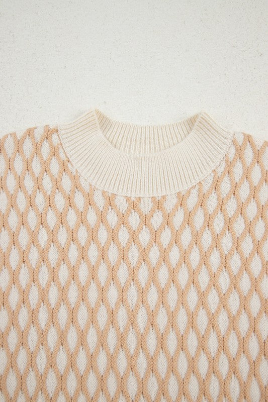 Rhombus Textured Knit Mock Neck Sweater-Reef Love