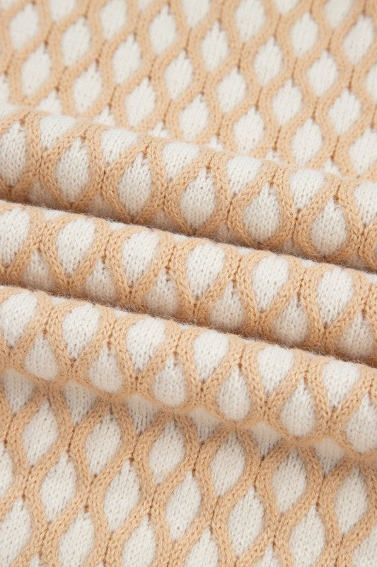 Rhombus Textured Knit Mock Neck Sweater-Reef Love