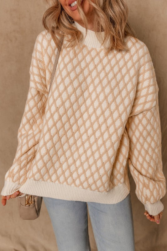 Rhombus Textured Knit Mock Neck Sweater-Reef Love