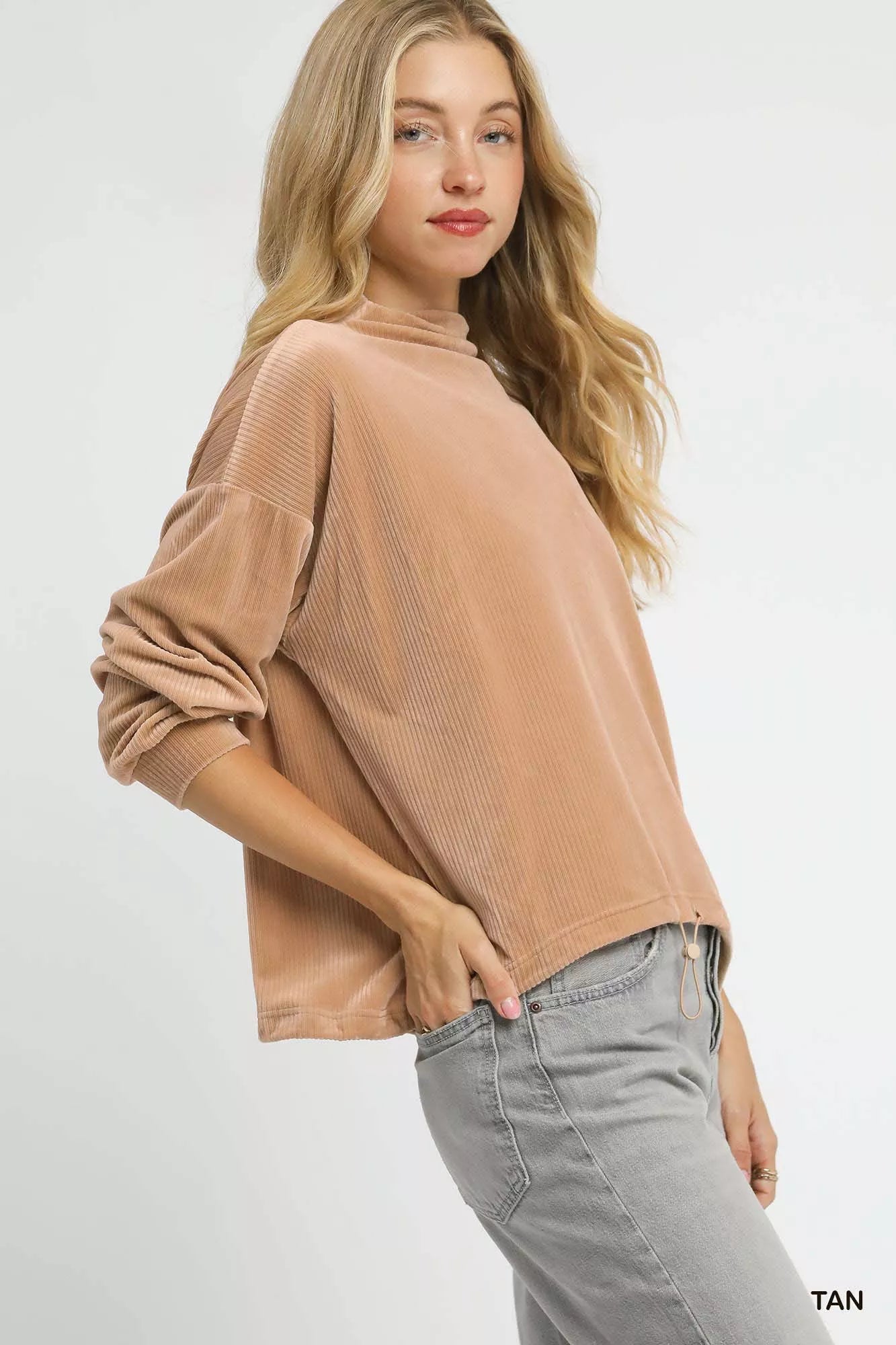 Ribbed Drawstring Hem Sweater-The ribbed drawstring hem knit sweater is a versatile and stylish piece that blends comfort with a touch of flair. The ribbed knit fabric provides texture and a cozy feel.