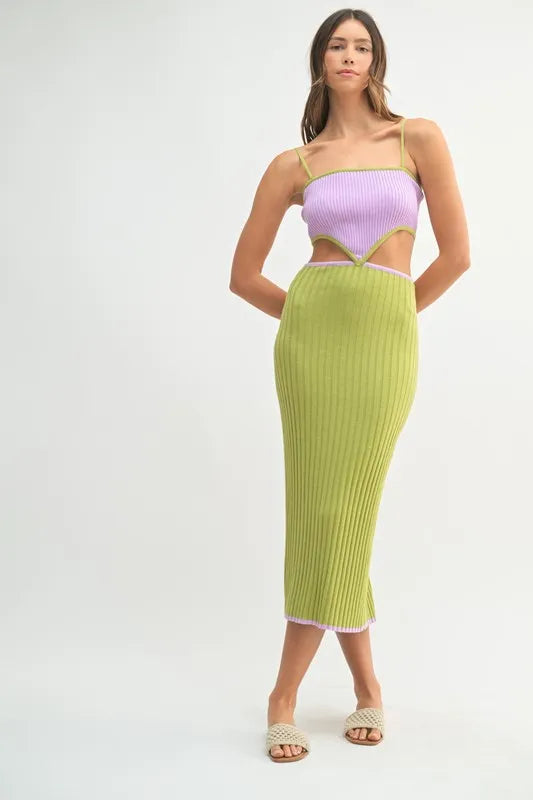 Ribbed Knit Color Block Cutout Midi Dress, Lime Green-The ribbed knit color block cutout midi dress showcases a modern and edgy style with its color block design and cutout details. The ribbed knit fabric adds texture -Reef Love Boho-Chic Boutique