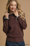 Ribbed Sweater with Ruffle Contrast Trim-Ribbed Sweater in Brown with Blue Ruffle Contrast Trim. Pair it with high-waisted trousers or a skirt for a sophisticated and chic ensemble. 