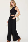 Ribbed Tank and Wide Leg Pants Lounge Set-Effortless comfort meets chic style with this Ribbed Tank + Wide Leg Pant Lounge Set. Soft stretch fabric, pockets, and versatile year-round wear. Standard + Plus size.