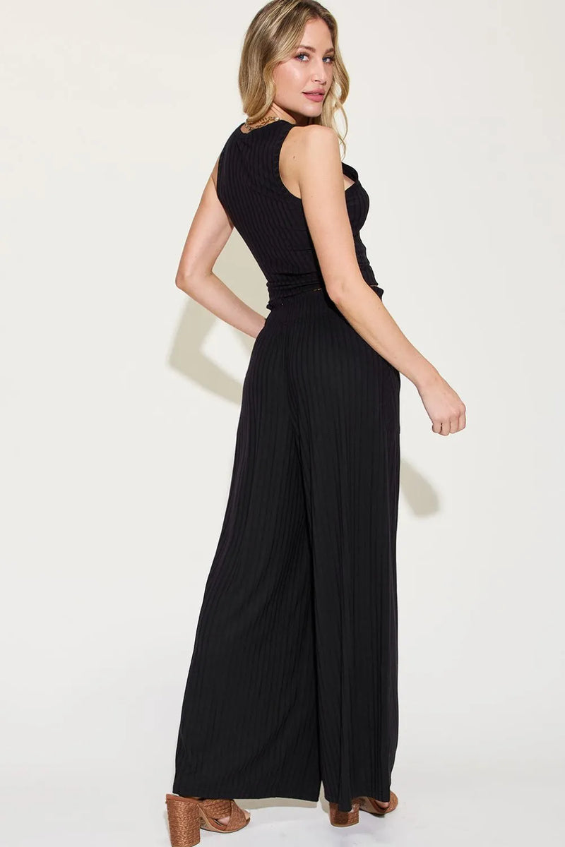 Ribbed Tank and Wide Leg Pants Lounge Set-Effortless comfort meets chic style with this Ribbed Tank + Wide Leg Pant Lounge Set. Soft stretch fabric, pockets, and versatile year-round wear. Standard + Plus size.