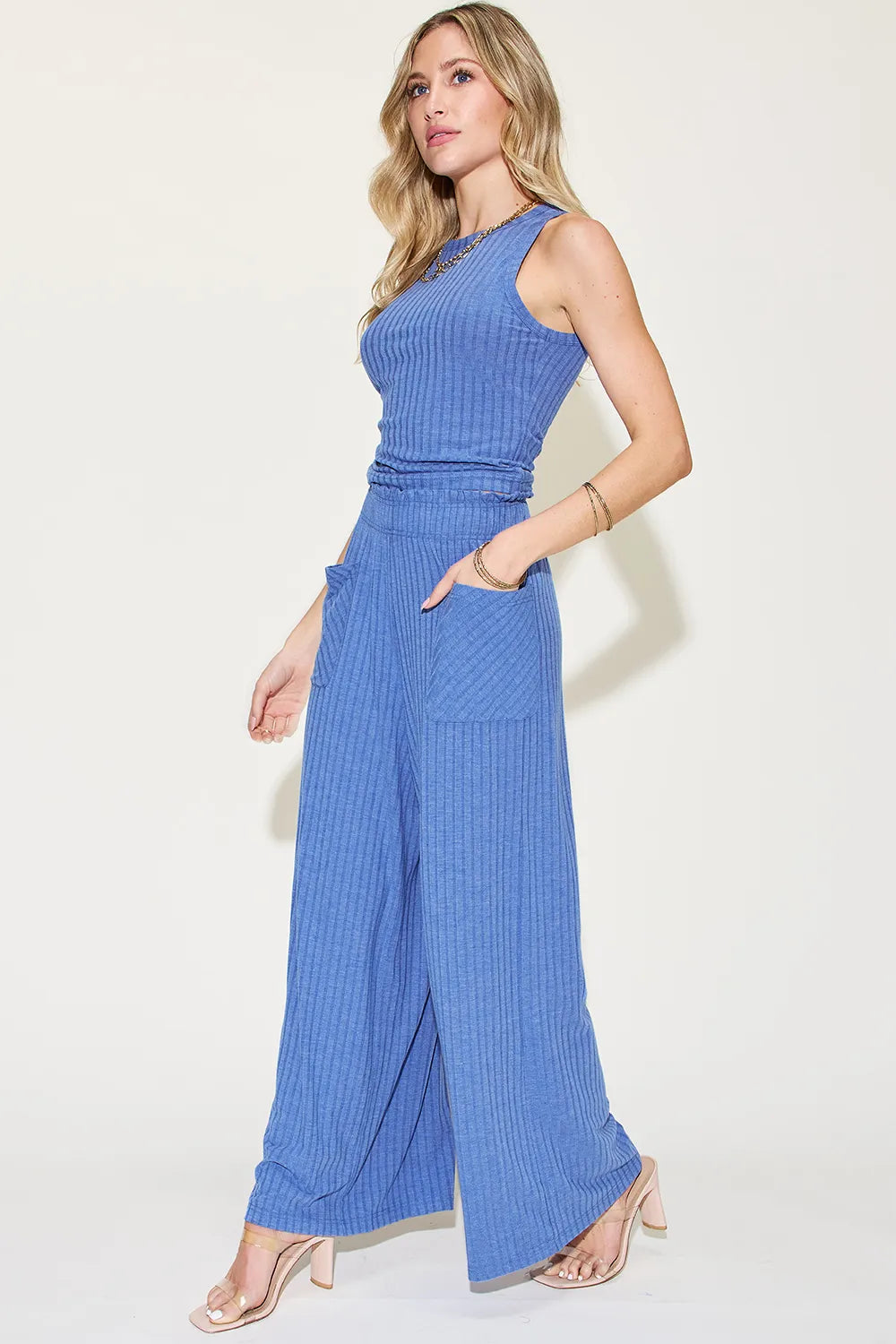 Ribbed Tank and Wide Leg Pants Lounge Set-Effortless comfort meets chic style with this Ribbed Tank + Wide Leg Pant Lounge Set. Soft stretch fabric, pockets, and versatile year-round wear. Standard + Plus size.