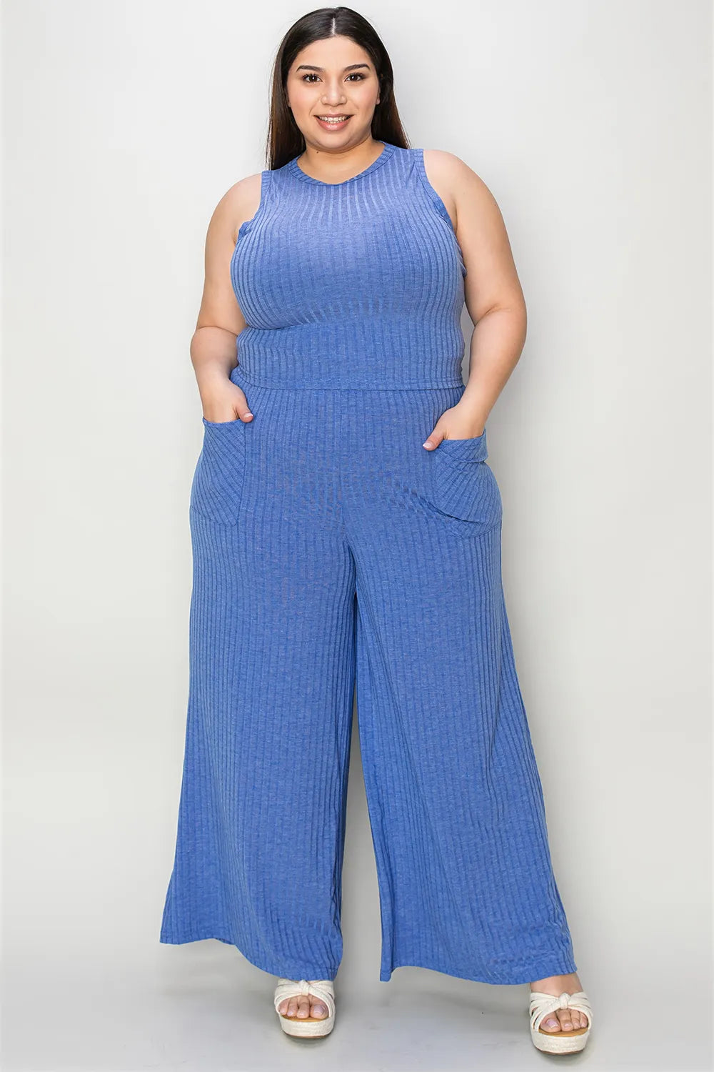 Ribbed Tank and Wide Leg Pants Lounge Set-Effortless comfort meets chic style with this Ribbed Tank + Wide Leg Pant Lounge Set. Soft stretch fabric, pockets, and versatile year-round wear. Standard + Plus size.