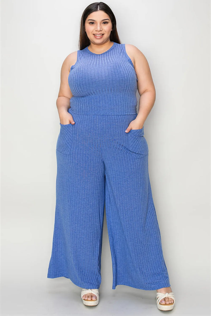 Ribbed Tank and Wide Leg Pants Lounge Set-Effortless comfort meets chic style with this Ribbed Tank + Wide Leg Pant Lounge Set. Soft stretch fabric, pockets, and versatile year-round wear. Standard + Plus size.
