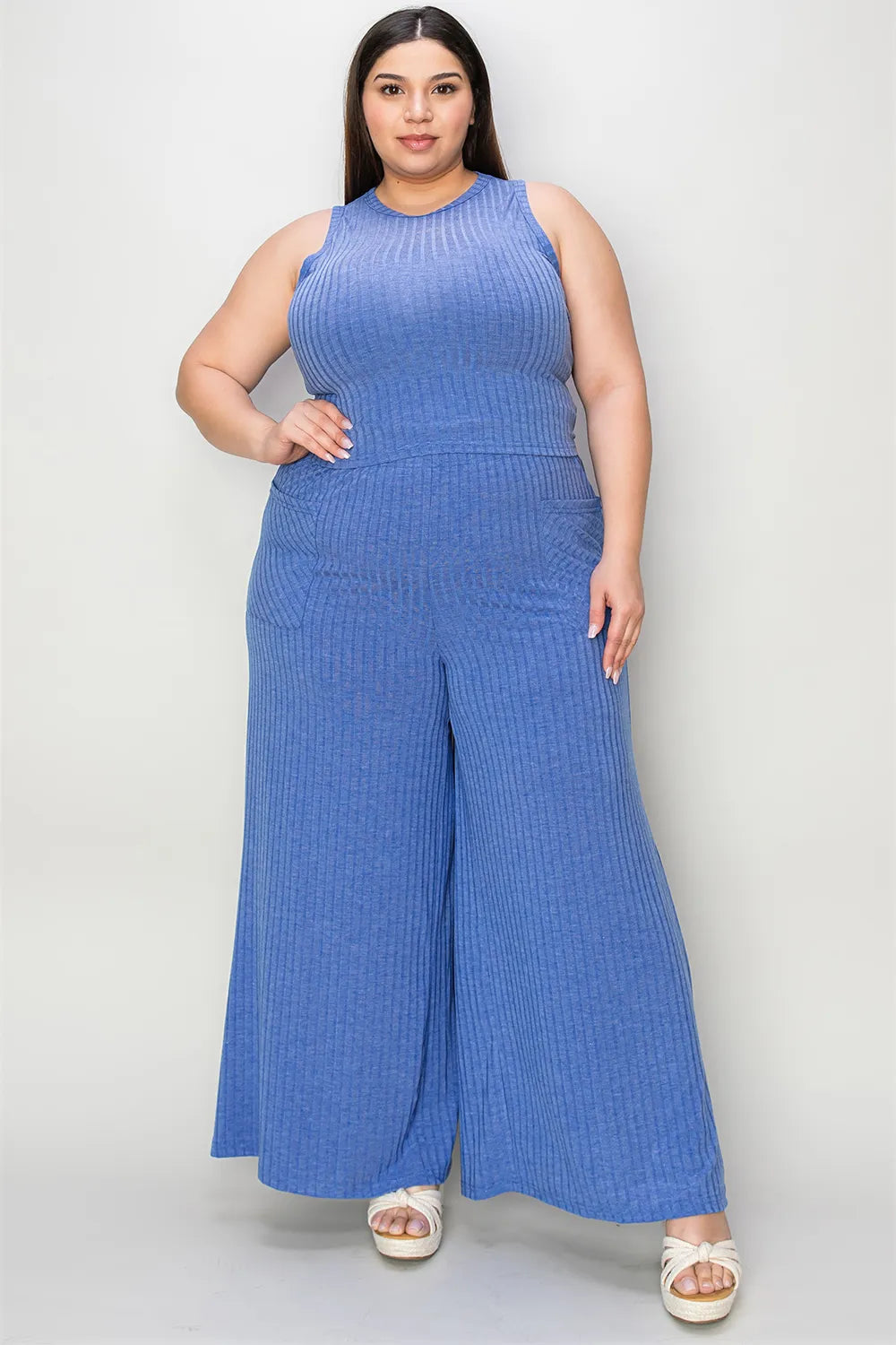 Ribbed Tank and Wide Leg Pants Lounge Set-Effortless comfort meets chic style with this Ribbed Tank + Wide Leg Pant Lounge Set. Soft stretch fabric, pockets, and versatile year-round wear. Standard + Plus size.