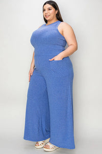 Ribbed Tank and Wide Leg Pants Lounge Set-Effortless comfort meets chic style with this Ribbed Tank + Wide Leg Pant Lounge Set. Soft stretch fabric, pockets, and versatile year-round wear. Standard + Plus size.