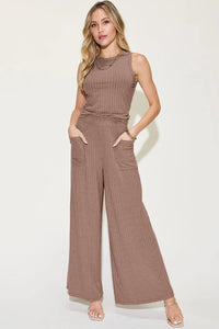 Ribbed Tank and Wide Leg Pants Lounge Set-Effortless comfort meets chic style with this Ribbed Tank + Wide Leg Pant Lounge Set. Soft stretch fabric, pockets, and versatile year-round wear. Standard + Plus size.