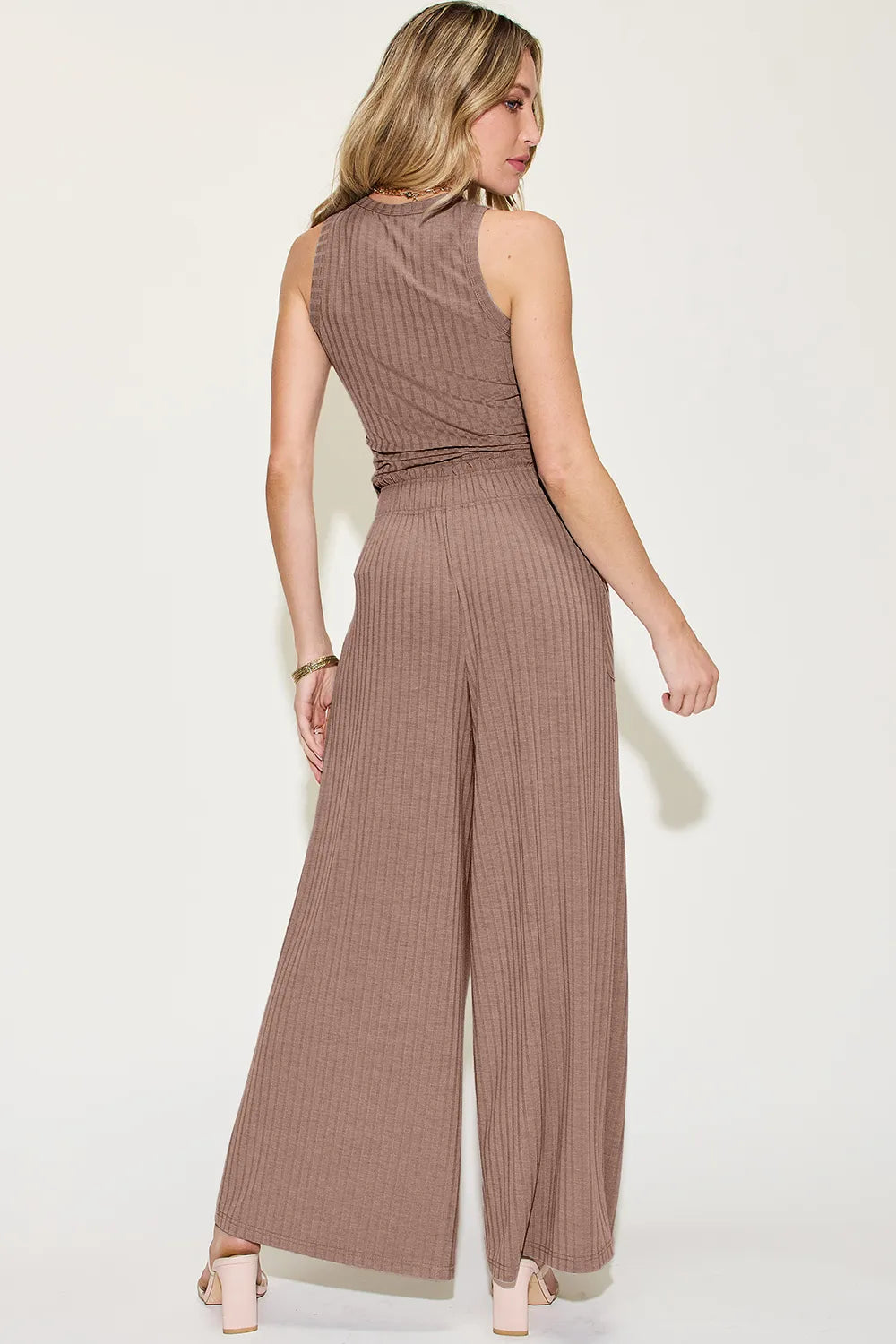Ribbed Tank and Wide Leg Pants Lounge Set-Effortless comfort meets chic style with this Ribbed Tank + Wide Leg Pant Lounge Set. Soft stretch fabric, pockets, and versatile year-round wear. Standard + Plus size.