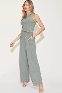 Ribbed Tank and Wide Leg Pants Lounge Set-Effortless comfort meets chic style with this Ribbed Tank + Wide Leg Pant Lounge Set. Soft stretch fabric, pockets, and versatile year-round wear. Standard + Plus size.