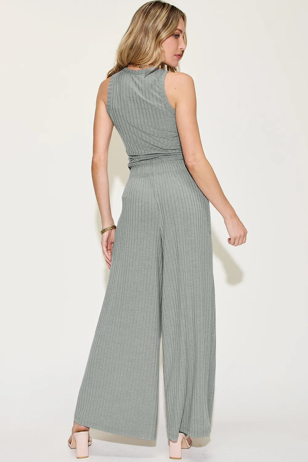 Ribbed Tank and Wide Leg Pants Lounge Set-Effortless comfort meets chic style with this Ribbed Tank + Wide Leg Pant Lounge Set. Soft stretch fabric, pockets, and versatile year-round wear. Standard + Plus size.