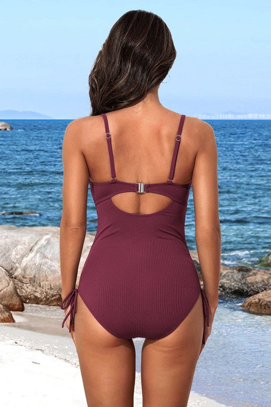 Ribbed Tie Side High Cut Twist Front One Piece Swimsuit- Boho Chic Styles by Reef Love