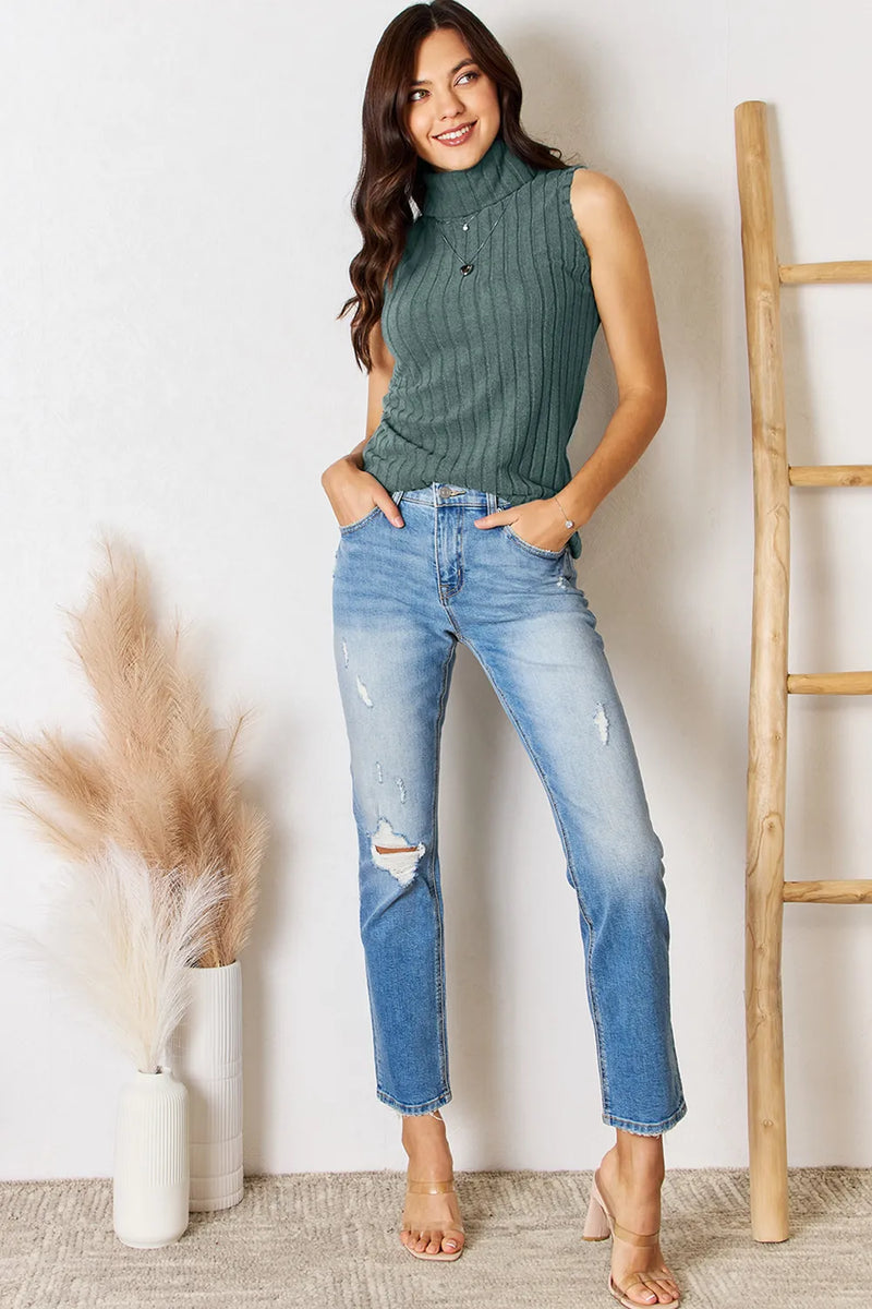 Ribbed Turtleneck Tank-Ribbed Turtleneck Tank - Classic Wardrobe Staple. Ribbed and stretchy design. Turtleneck ribbed tank available in plus sizes, perfect for all seasons and layering.
