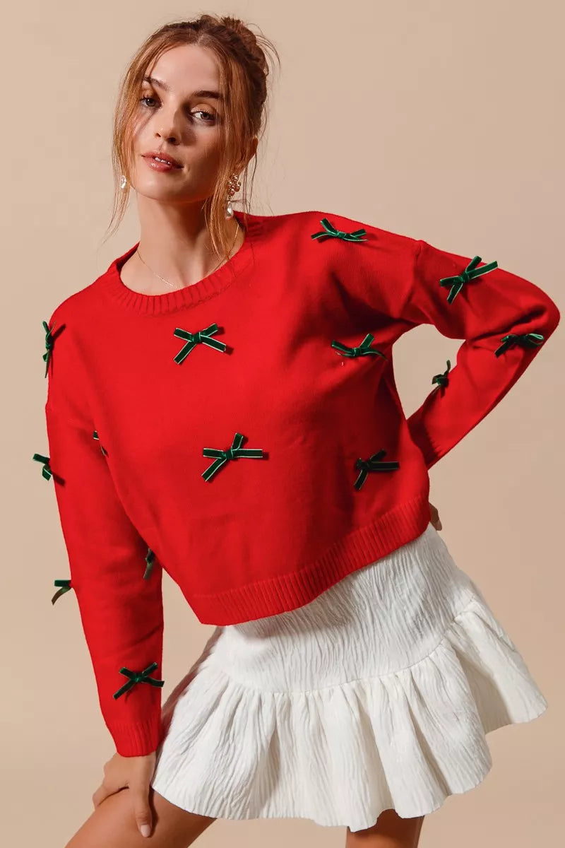 Ribbon Bow Applique Holiday Sweater-Ribbon Bow Applique Holiday Sweater - Perfect for adding a touch of elegance to your winter holiday wardrobe, this sweater is both cozy and stylish. 