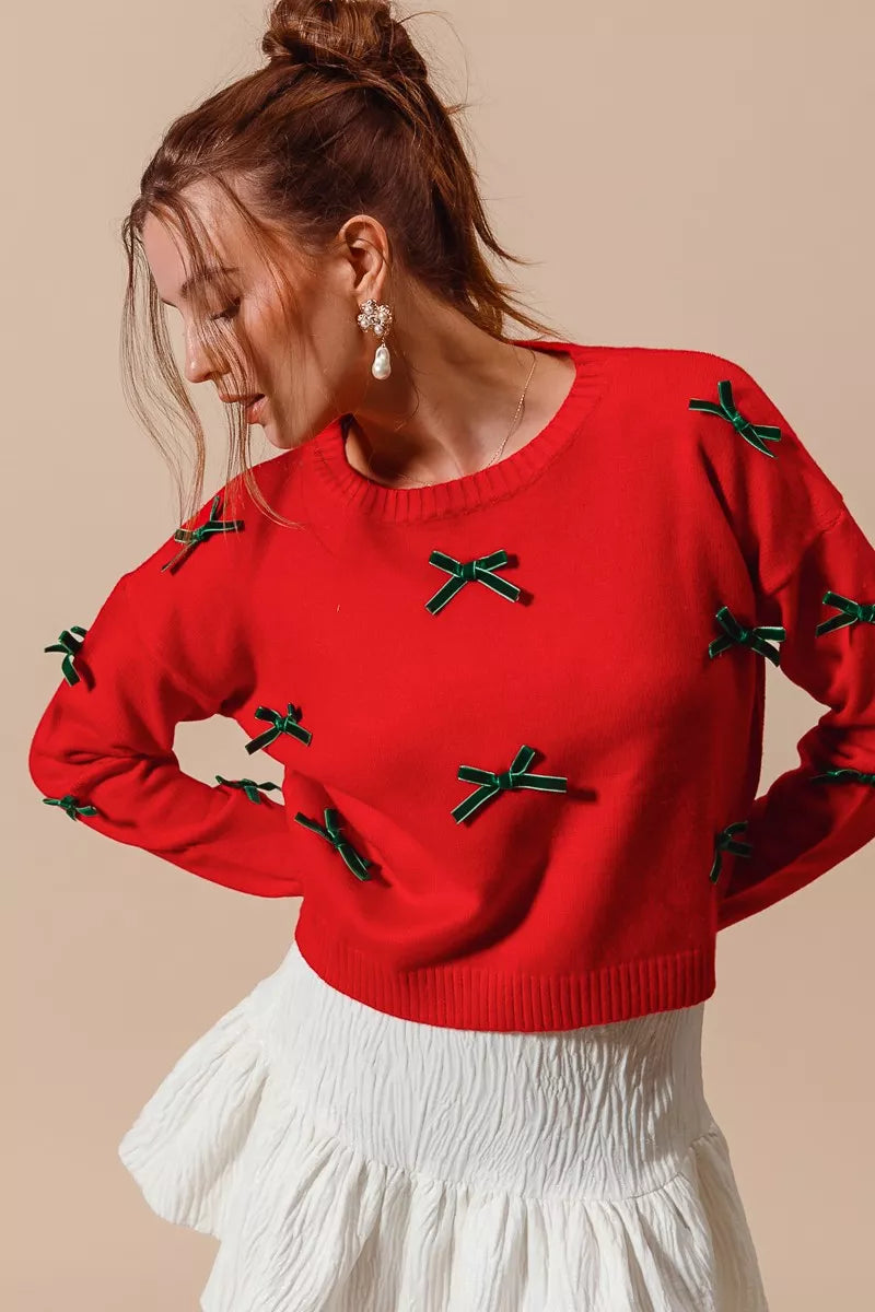 Ribbon Bow Applique Holiday Sweater-Ribbon Bow Applique Holiday Sweater - Perfect for adding a touch of elegance to your winter holiday wardrobe, this sweater is both cozy and stylish. 
