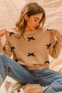 Ribbon Bow Applique Oatmeal Sweater-Reef Love