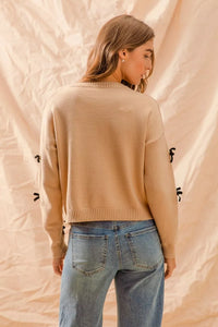 Ribbon Bow Applique Oatmeal Sweater-Reef Love