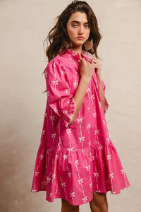 Ribbon + Scallops Mini Dress-Ribbon + Scallops Mini Dress A playful piece perfect for warm-weather style, vibrant mini dress with an all-over white ribbon print on fuchsia background.-Reef Love Boho-Chic Boutique