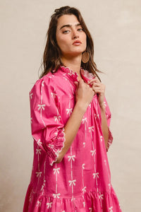 Ribbon + Scallops Mini Dress-Ribbon + Scallops Mini Dress A playful piece perfect for warm-weather style, vibrant mini dress with an all-over white ribbon print on fuchsia background.-Reef Love Boho-Chic Boutique