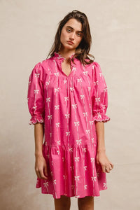 Ribbon + Scallops Mini Dress-Ribbon + Scallops Mini Dress A playful piece perfect for warm-weather style, vibrant mini dress with an all-over white ribbon print on fuchsia background.-Reef Love Boho-Chic Boutique