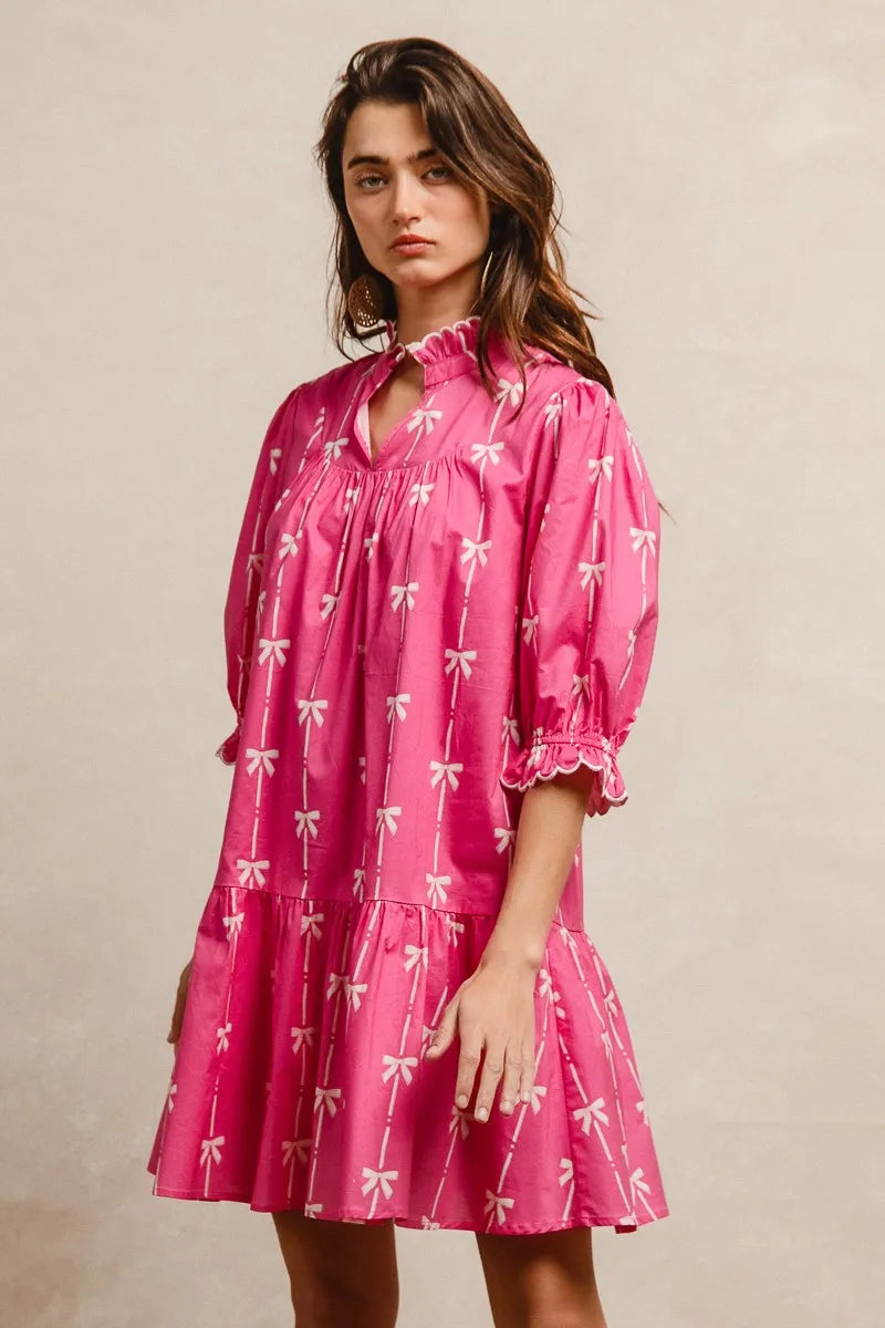 Ribbon + Scallops Mini Dress-Ribbon + Scallops Mini Dress A playful piece perfect for warm-weather style, vibrant mini dress with an all-over white ribbon print on fuchsia background.-Reef Love Boho-Chic Boutique