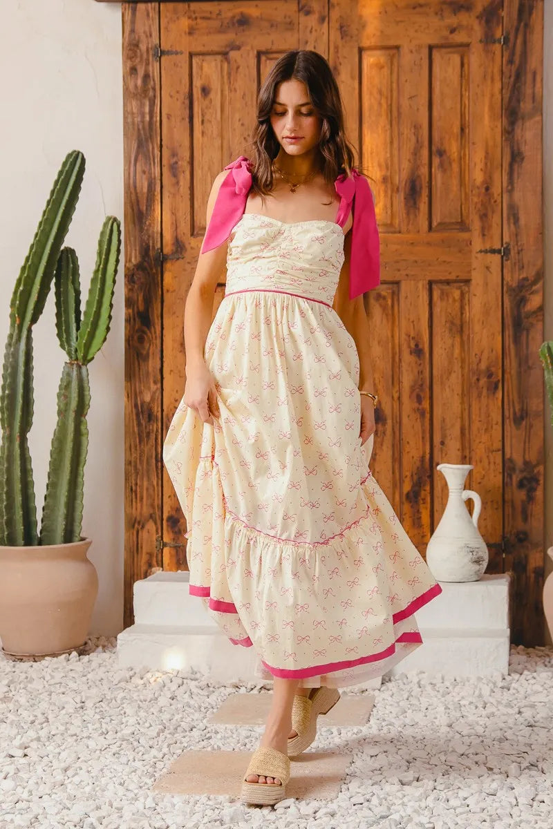 Ribbon Tie Flowy Maxi Dress-Flowy pink floral maxi dress with ribbon tie straps & tiered ruffle hem. Lightweight & breezy, perfect for sunny days, vacations, or effortless boho style.-Reef Love Boho-Chic Boutique