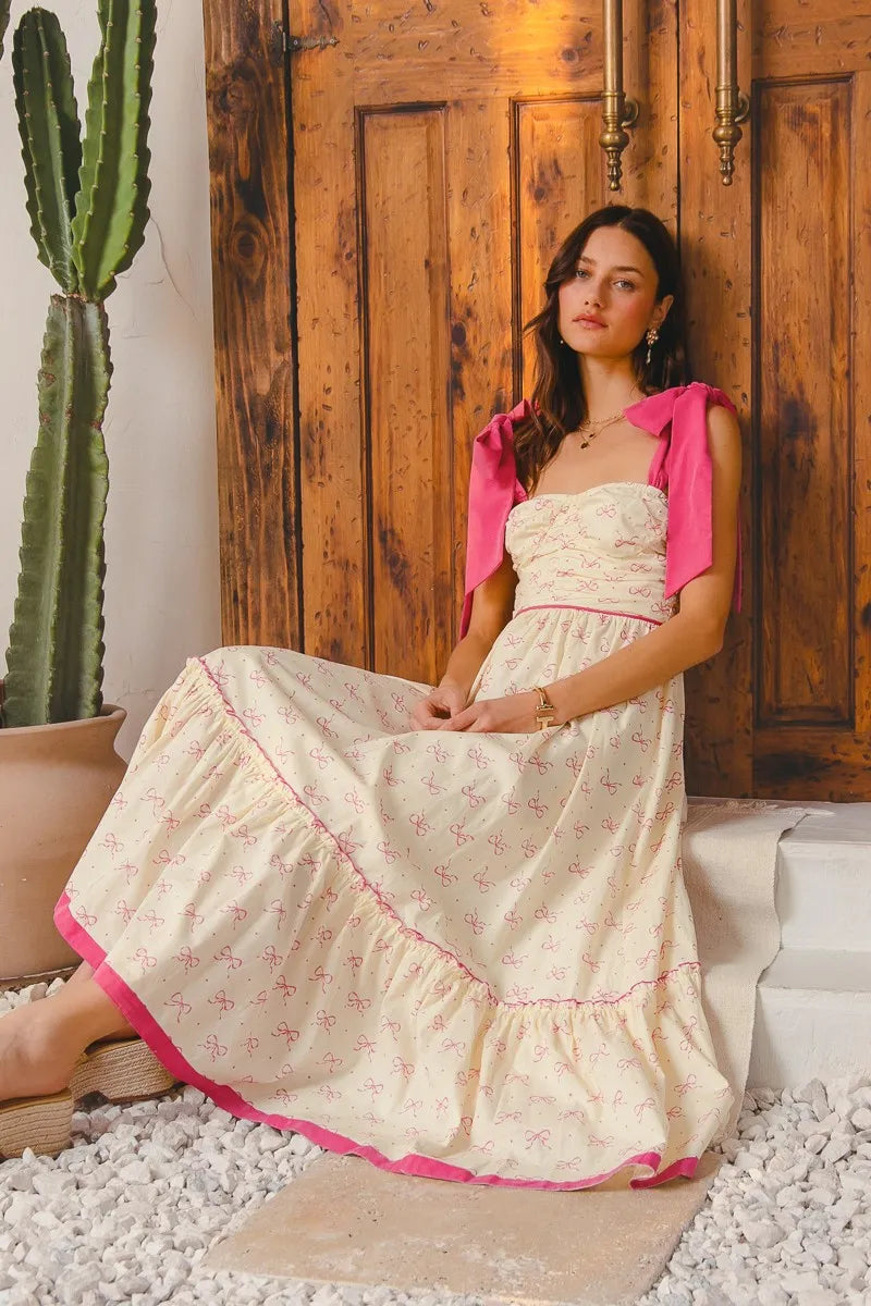 Ribbon Tie Flowy Maxi Dress-Flowy pink floral maxi dress with ribbon tie straps & tiered ruffle hem. Lightweight & breezy, perfect for sunny days, vacations, or effortless boho style.-Reef Love Boho-Chic Boutique