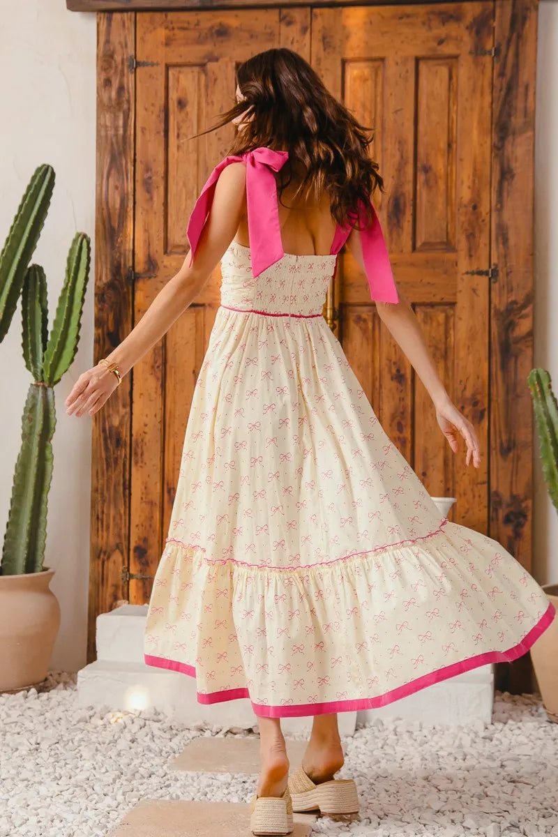 Ribbon Tie Flowy Maxi Dress-Flowy pink floral maxi dress with ribbon tie straps & tiered ruffle hem. Lightweight & breezy, perfect for sunny days, vacations, or effortless boho style.-Reef Love Boho-Chic Boutique
