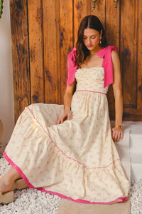 Ribbon Tie Flowy Maxi Dress-Flowy pink floral maxi dress with ribbon tie straps & tiered ruffle hem. Lightweight & breezy, perfect for sunny days, vacations, or effortless boho style.-Reef Love Boho-Chic Boutique