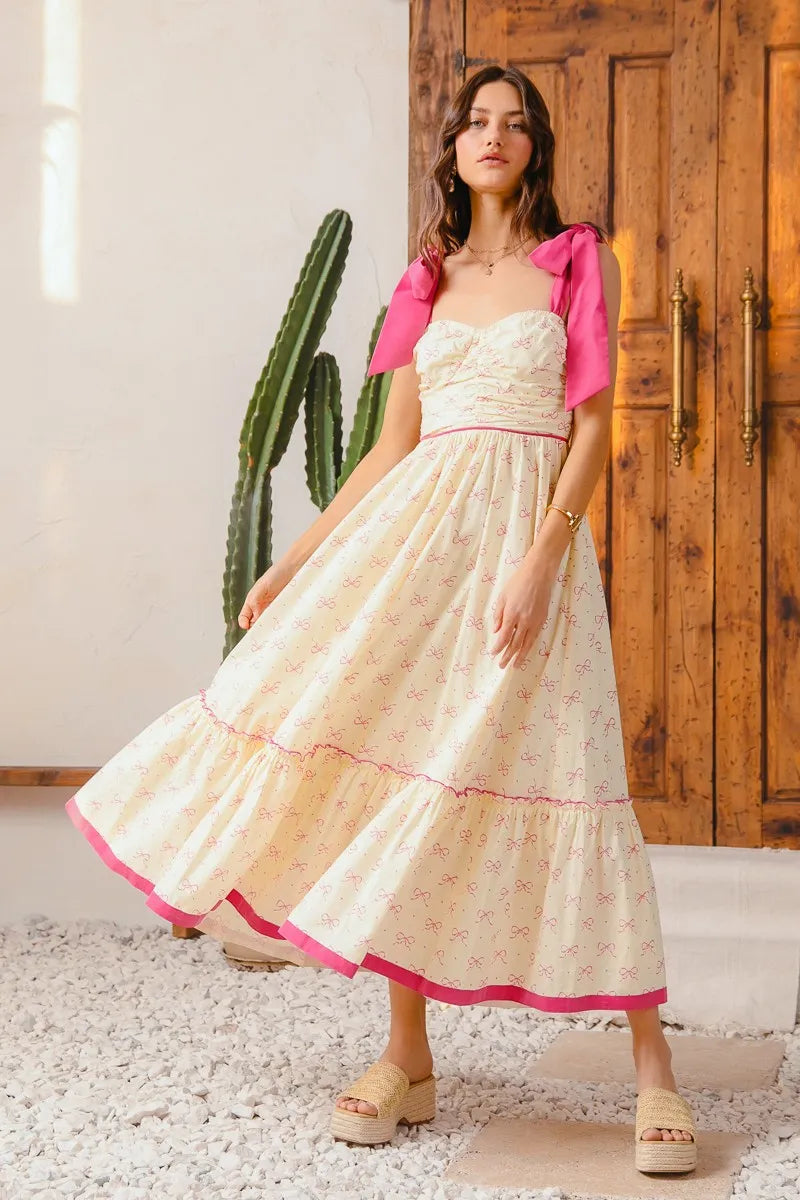 Ribbon Tie Flowy Maxi Dress-Flowy pink floral maxi dress with ribbon tie straps & tiered ruffle hem. Lightweight & breezy, perfect for sunny days, vacations, or effortless boho style.-Reef Love Boho-Chic Boutique