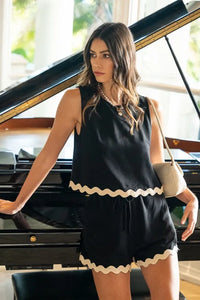 Ric Rac Trim Detailed Top & Shorts Set, Black