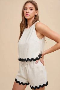 Ric Rac Trim Detailed Top & Shorts Set, Natural