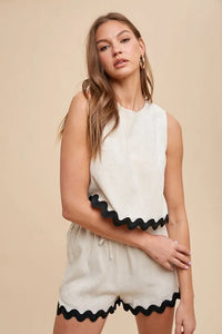 Ric Rac Trim Detailed Top & Shorts Set, Natural