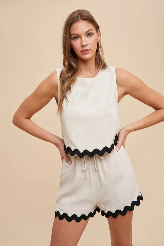 Ric Rac Trim Detailed Top & Shorts Set, Natural