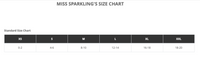 Size chart for 'Miss Sparkling' clothing with standard sizes and age ranges.