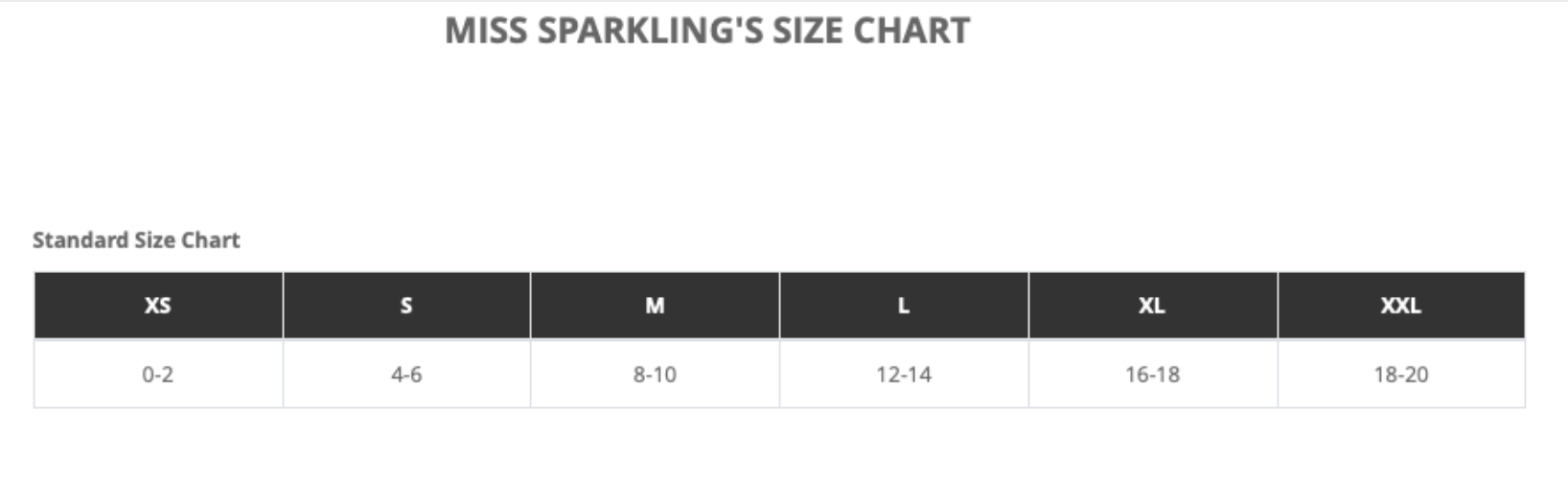 Size chart for 'Miss Sparkling' clothing with standard sizes and age ranges.