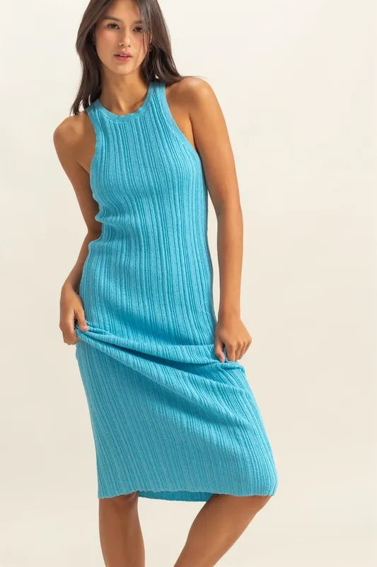 Round Neck Bodycon Ribbed Knit Dress, Sky Blue-Embrace your curves with this Sky Blue Round Neck Bodycon Ribbed Knit Dress. The round neck offers a classic and flattering neckline. -Reef Love Boho-Chic Boutique