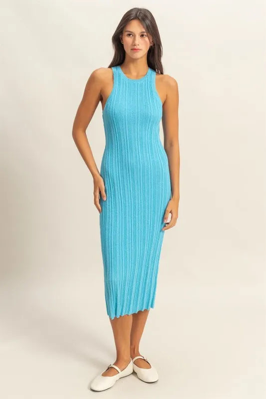 Round Neck Bodycon Ribbed Knit Dress, Sky Blue-Embrace your curves with this Sky Blue Round Neck Bodycon Ribbed Knit Dress. The round neck offers a classic and flattering neckline. -Reef Love Boho-Chic Boutique