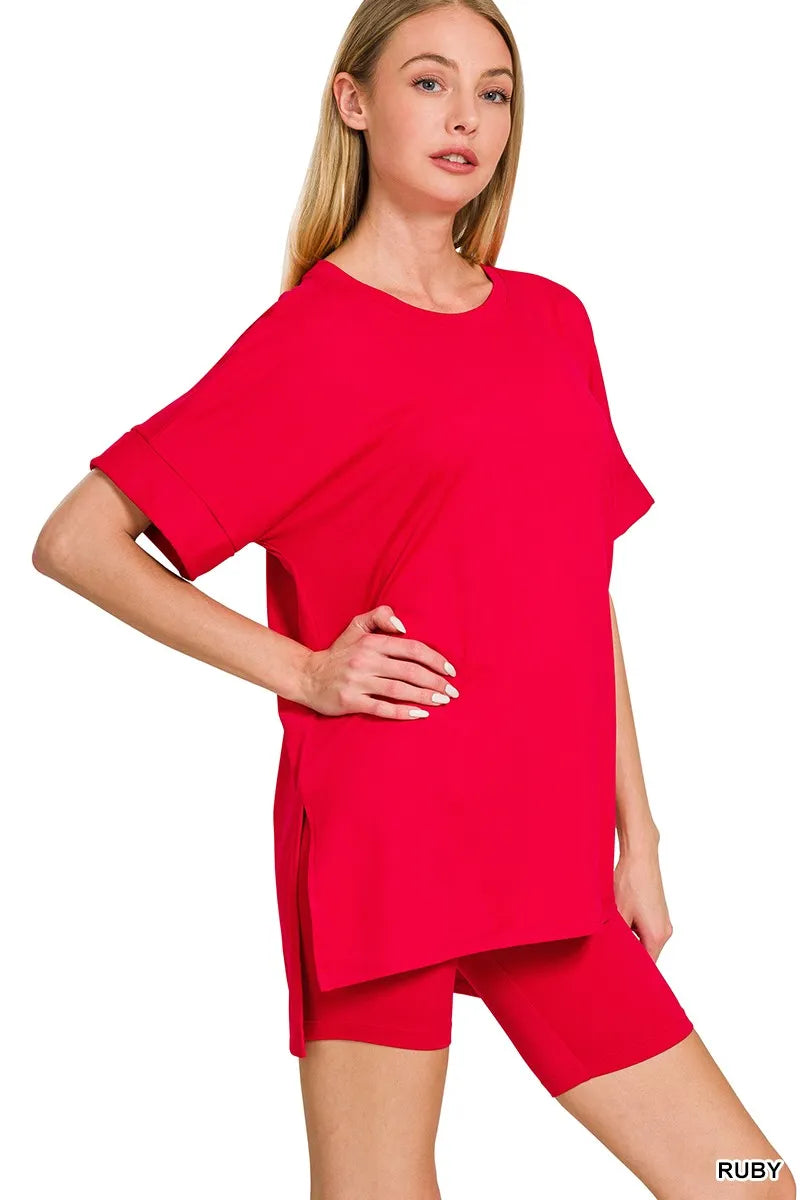 Ruby Brushed DTY Microfiber Top and Biker Shorts Lounge Set-Ruby red plus-size brushed DTY microfiber set with round neck oversized top & biker shorts. Soft, stretchy two-piece lounge outfit with polished finish.-Reef Love