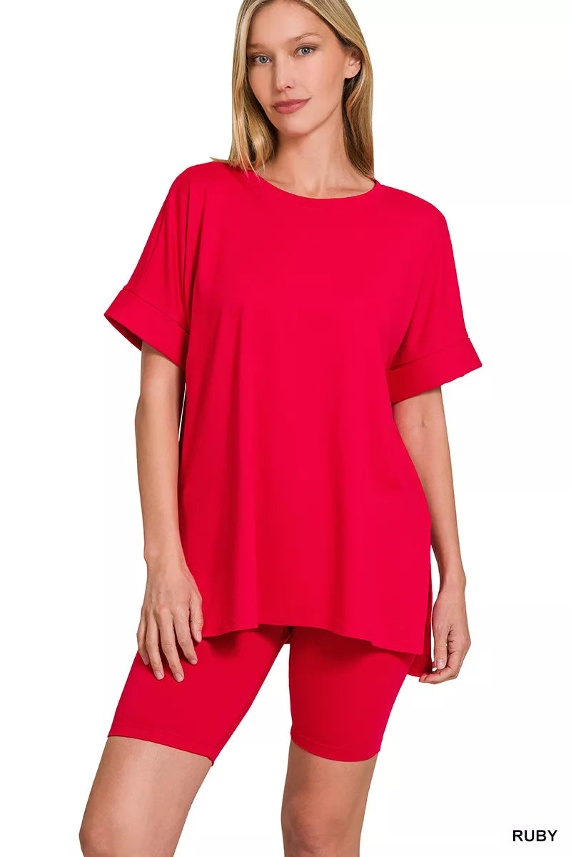 Ruby Brushed DTY Microfiber Top and Biker Shorts Lounge Set-Ruby red plus-size brushed DTY microfiber set with round neck oversized top & biker shorts. Soft, stretchy two-piece lounge outfit with polished finish.-Reef Love