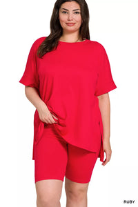 Ruby Brushed DTY Microfiber Top and Biker Shorts Lounge Set-Ruby red plus-size brushed DTY microfiber set with round neck oversized top & biker shorts. Soft, stretchy two-piece lounge outfit with polished finish.-Reef Love