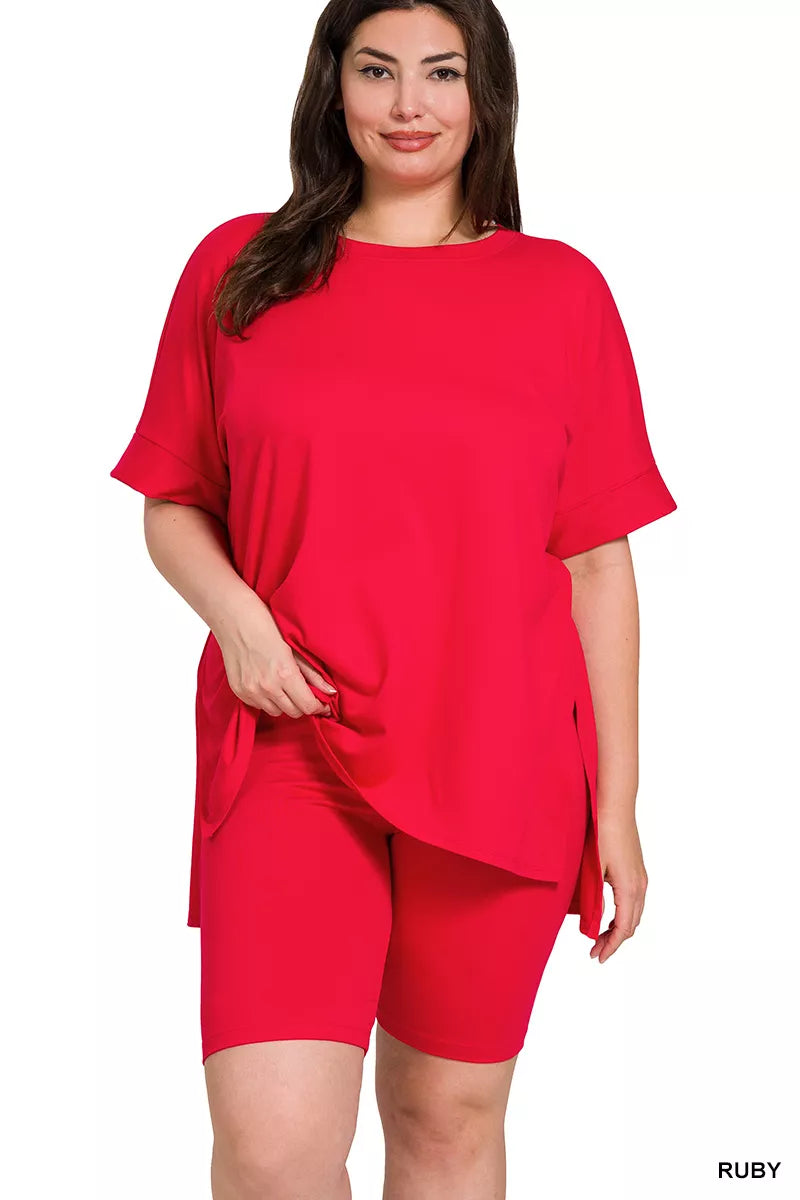 Ruby Brushed DTY Microfiber Top and Biker Shorts Lounge Set-Ruby red plus-size brushed DTY microfiber set with round neck oversized top & biker shorts. Soft, stretchy two-piece lounge outfit with polished finish.-Reef Love