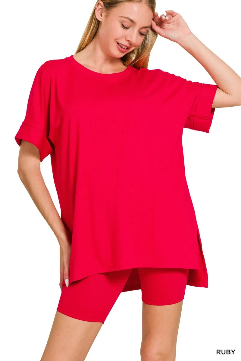 Ruby Brushed DTY Microfiber Top and Biker Shorts Lounge Set-Ruby red plus-size brushed DTY microfiber set with round neck oversized top & biker shorts. Soft, stretchy two-piece lounge outfit with polished finish.-Reef Love