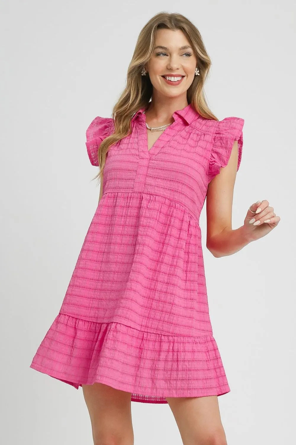 Ruffle Cap Sleeve Textured Mini Dress-Pink Ruffle Cap Sleeve Textured Mini Dress, subtle textured stripes, a flattering A-line silhouette, and soft ruffle accents on the cap sleeves and tiered hem.-Reef Love Boho-Chic Boutique