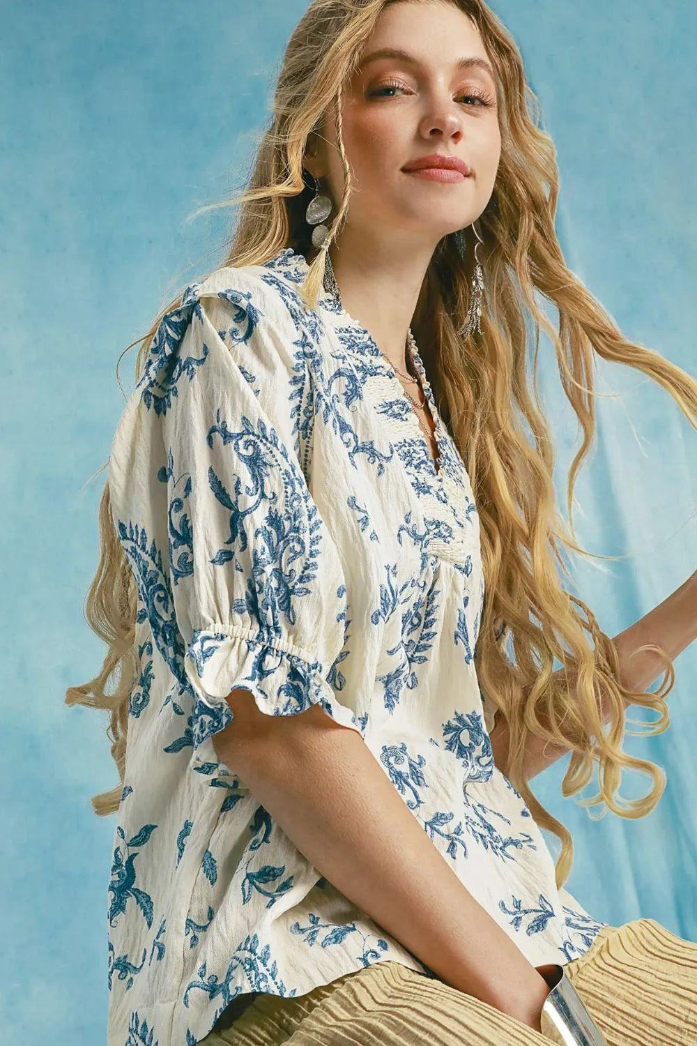 Ruffle Detail Blue Toile Half Sleeve Blouse-v neck blouse-Reef Love