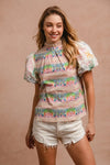 Ruffle Neckline Blouse With Embroidery Bubble Sleeve-BiBi-Reef Love