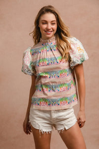 Ruffle Neckline Blouse With Embroidery Bubble Sleeve-BiBi-Reef Love